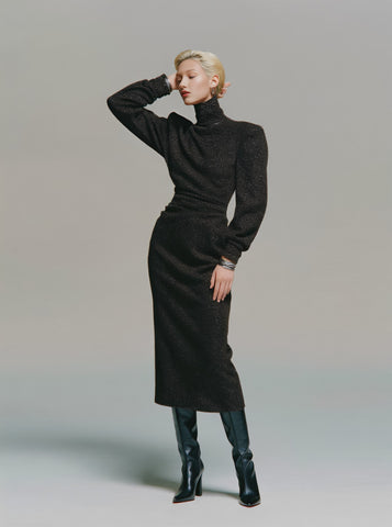 Winter Tight Fit Dress Casual High Collar Mid-Length Skirt Style Straight Sleeve Bodycon Style Women's Clothing