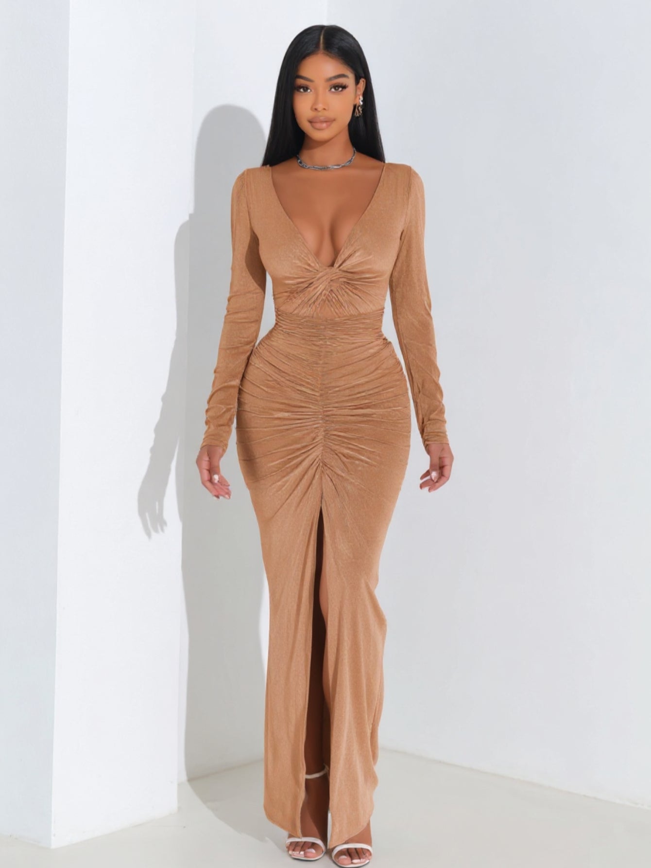 2025 Autumn Women's Dresses Sexy Plain Long Sleeve Plunge Neck Ruched Slit Elegant Sheath Maxi Evening Dress