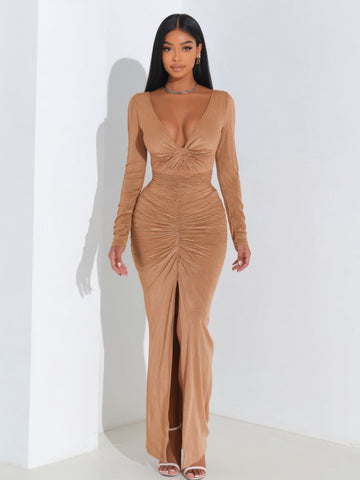 2025 Autumn Women's Dresses Sexy Plain Long Sleeve Plunge Neck Ruched Slit Elegant Sheath Maxi Evening Dress