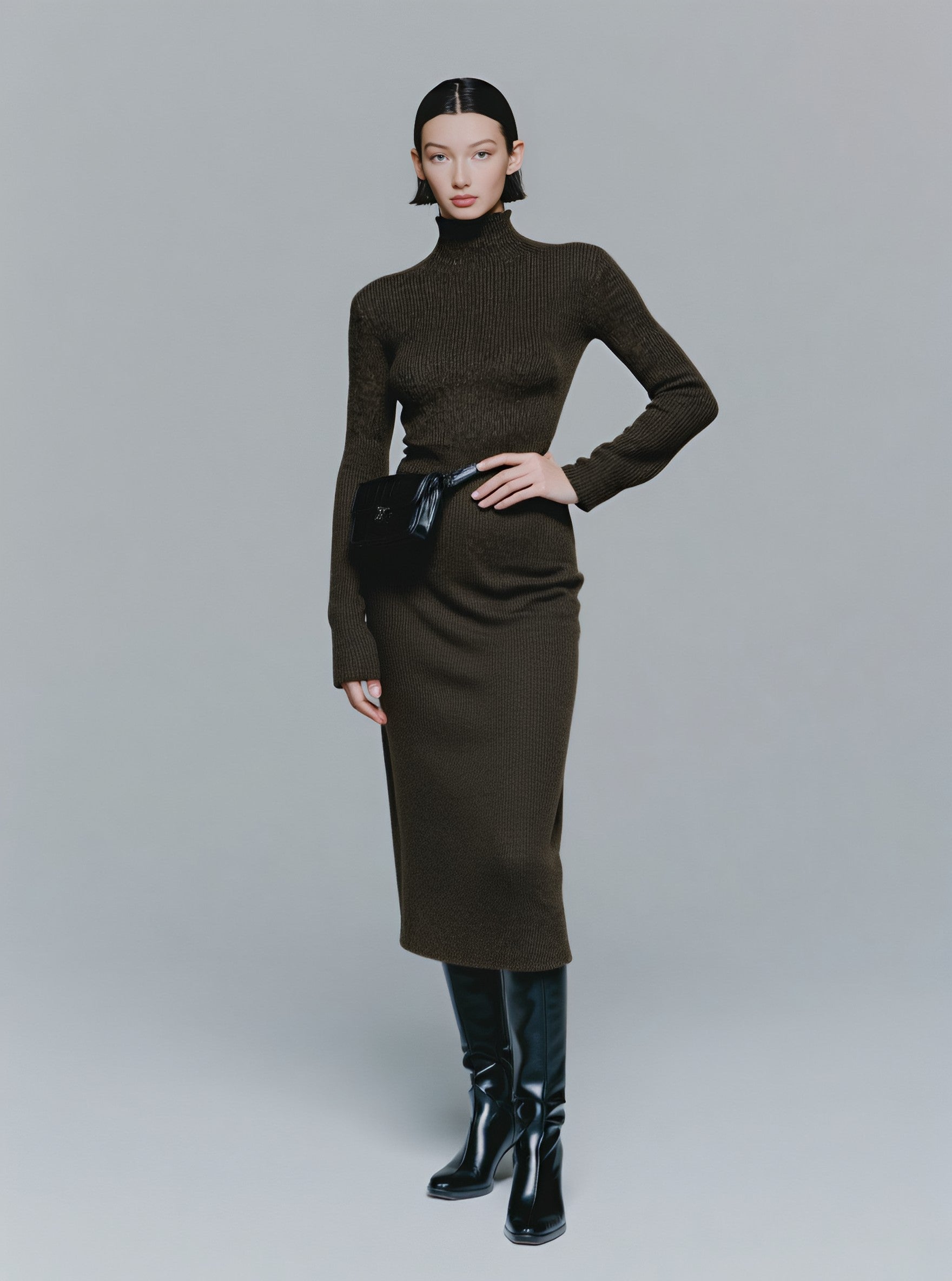 Winter Tight Fit Dress Casual High Collar Mid-Length Skirt Straight Sleeve Women's Clothing Fashion Style