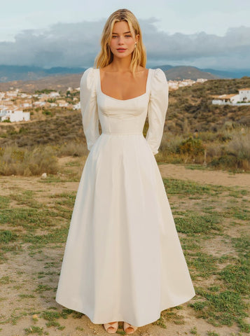 2025 Autumn Women's Dresses Simple Solid Color Side Slit Long Sleeve Square Neck Nipped Waists Holiday A-Line Midi Dresses