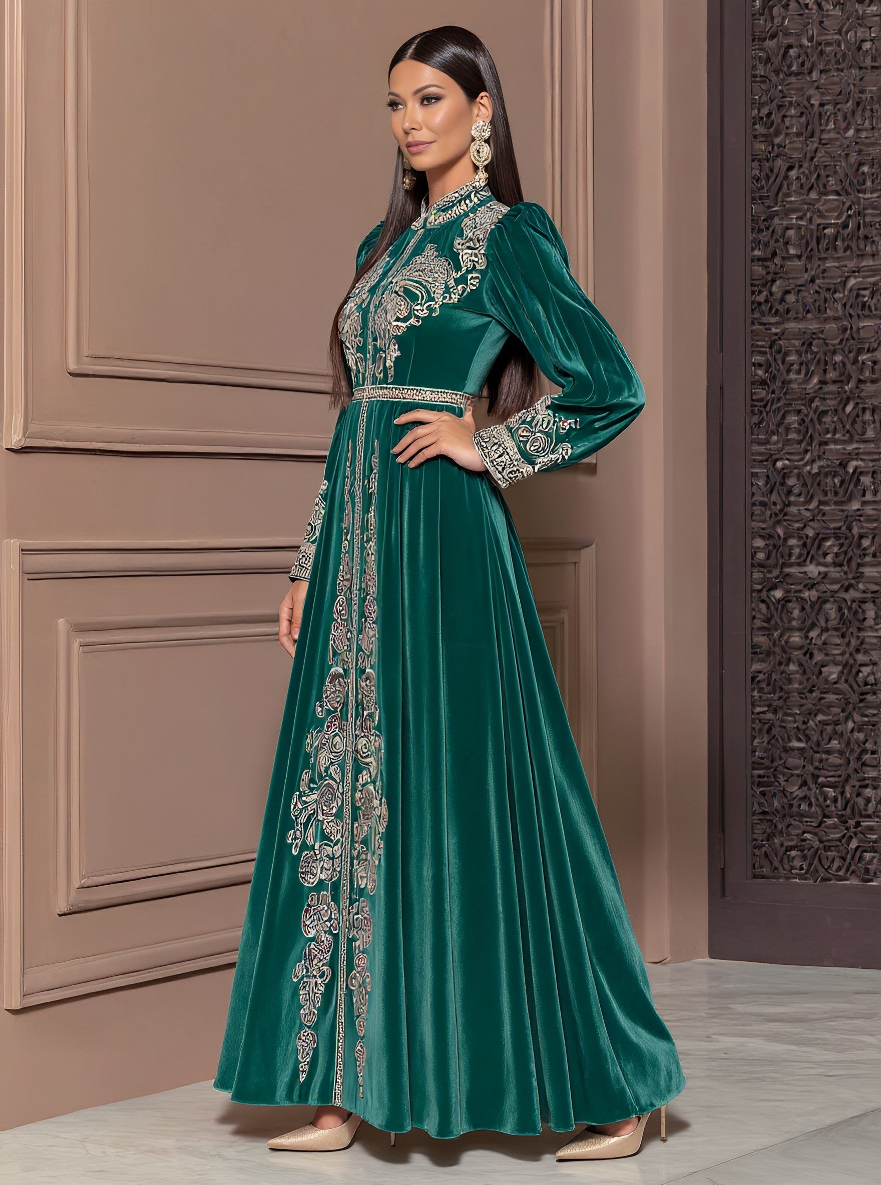 Autumn Long Dress Casual Fit A-Line Skirt Lantern Sleeve Stand Collar Muslim Fashion Women's Dress