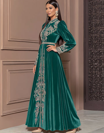 Autumn Long Dress Casual Fit A-Line Skirt Lantern Sleeve Stand Collar Muslim Fashion Women's Dress