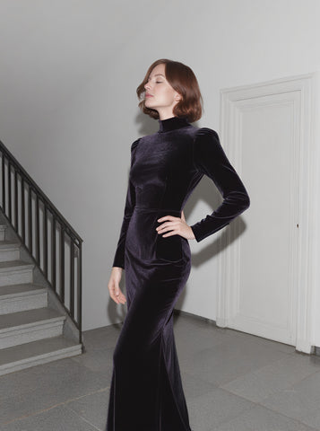 Autumn Tight Fit Dress High Collar Floor Length A-Line Skirt Casual Style Straight Sleeve Long Evening Gown Women's Fashion