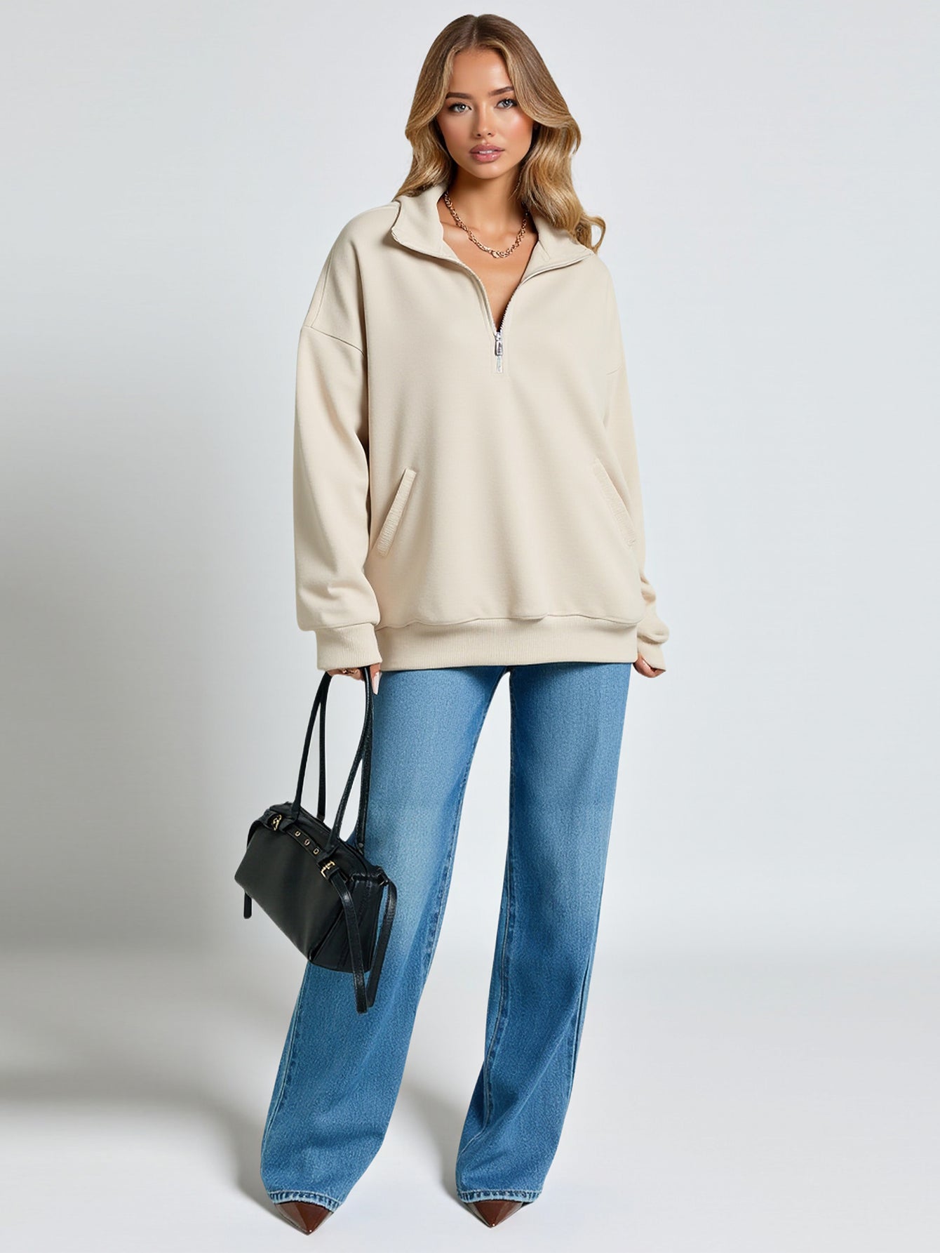 Boutique Women's Hoodie Autumn Casual 2025 Plain Stand Collar Long Sleeve Regular Fit Hip Length Daily Hoodie