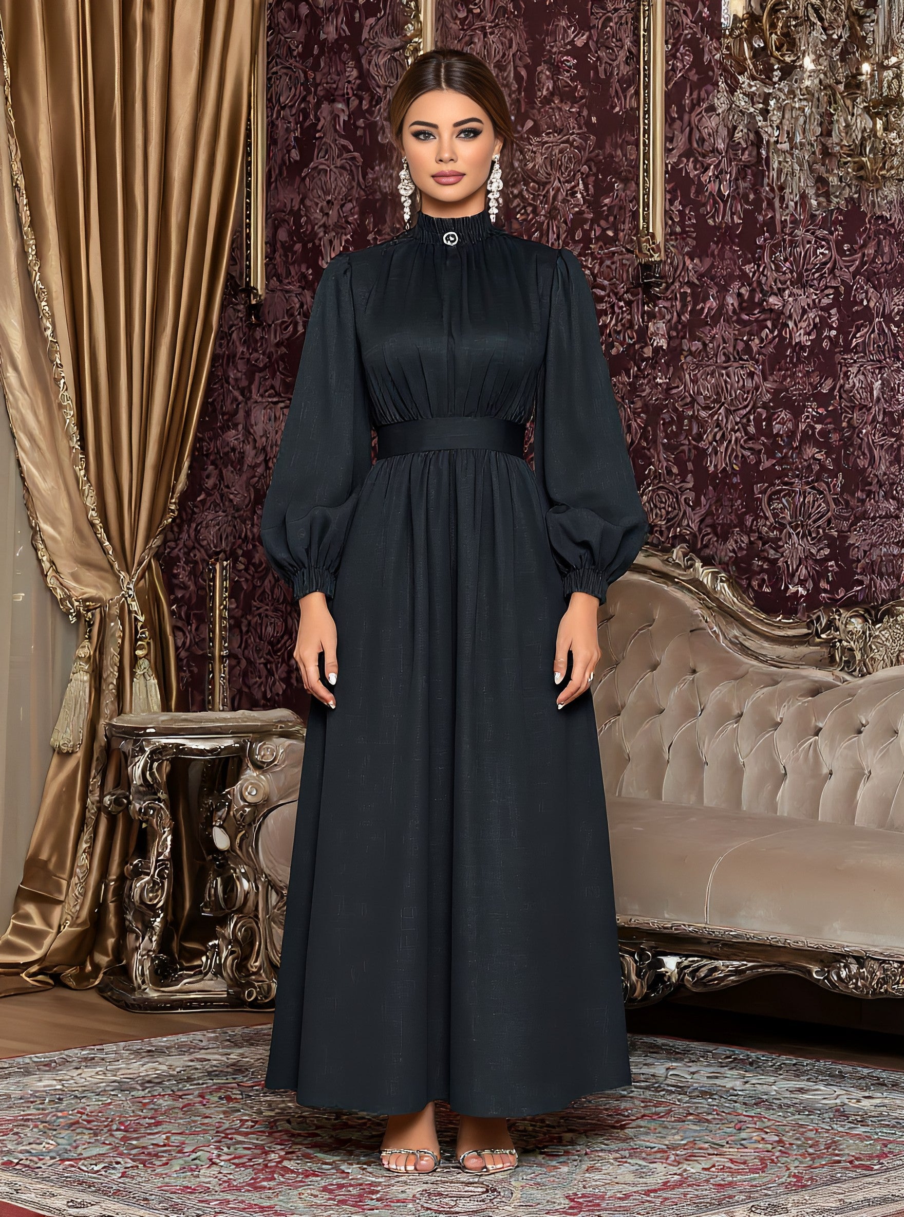 Casual Mid-Length A-Line Dress Half-High Collar Lantern Sleeve Body-Fitting Muslim Women's Fashion Dress