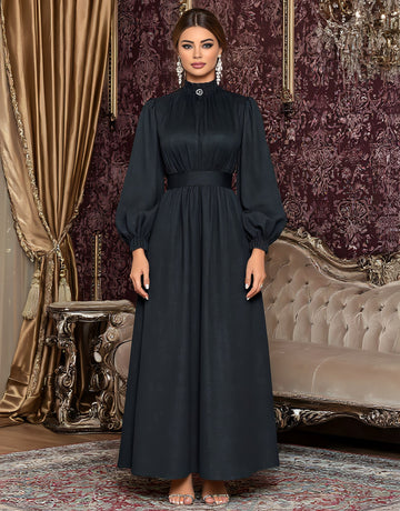 Casual Mid-Length A-Line Dress Half-High Collar Lantern Sleeve Body-Fitting Muslim Women's Fashion Dress