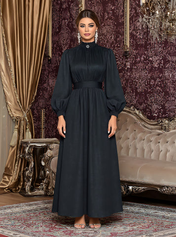 Casual Mid-Length A-Line Dress Half-High Collar Lantern Sleeve Body-Fitting Muslim Women's Fashion Dress