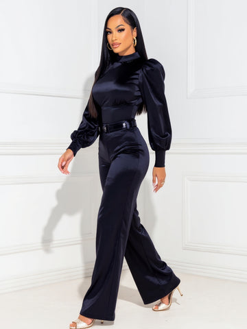 Women's Sets Autumn Winter Elegant Plain Bright Silk Lantern Sleeve Mock Neck Full Length Casual Pants Sets