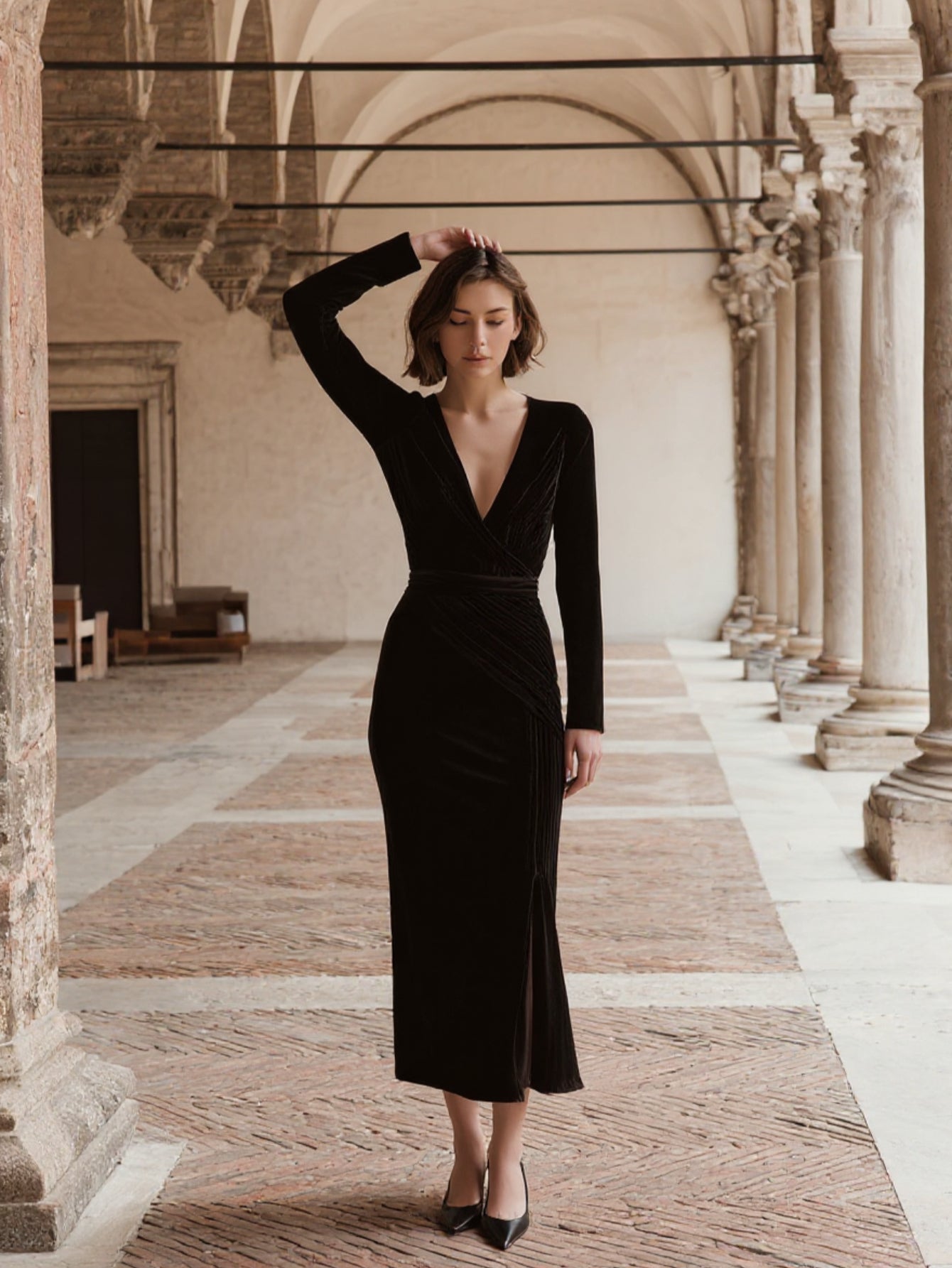 Women's Dress Autumn Elegant 2025 Plain Deep V-Neck Long Sleeve Bodycon Slim Fit Midi Front Slit Formal Dress