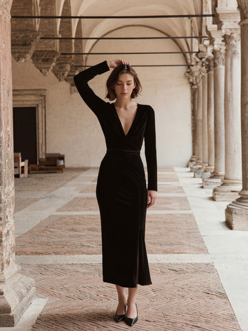 Women's Dress Autumn Elegant 2025 Plain Deep V-Neck Long Sleeve Bodycon Slim Fit Midi Front Slit Formal Dress