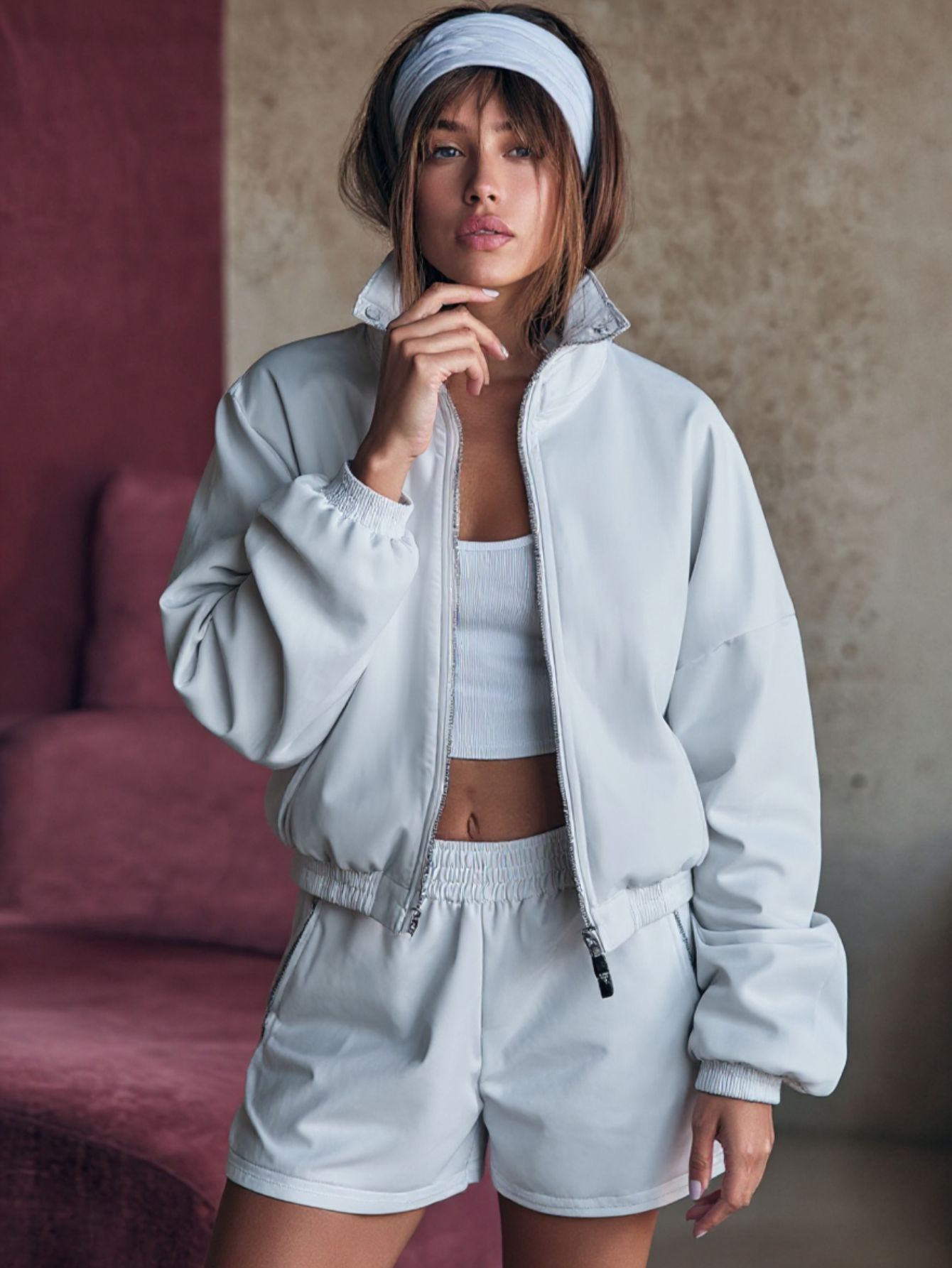 Women's Autumn Sets Korean Casual Solid Color Zipper Long Sleeve Stand Collar Natural Waist Short Shorts Sets