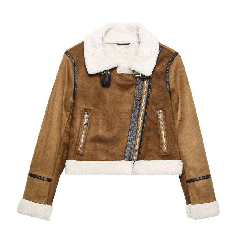 Women's Casual Double-Sided Jacket European And American Style Lapel Irregular Pocket Zipper Long-Sleeve Short Coat