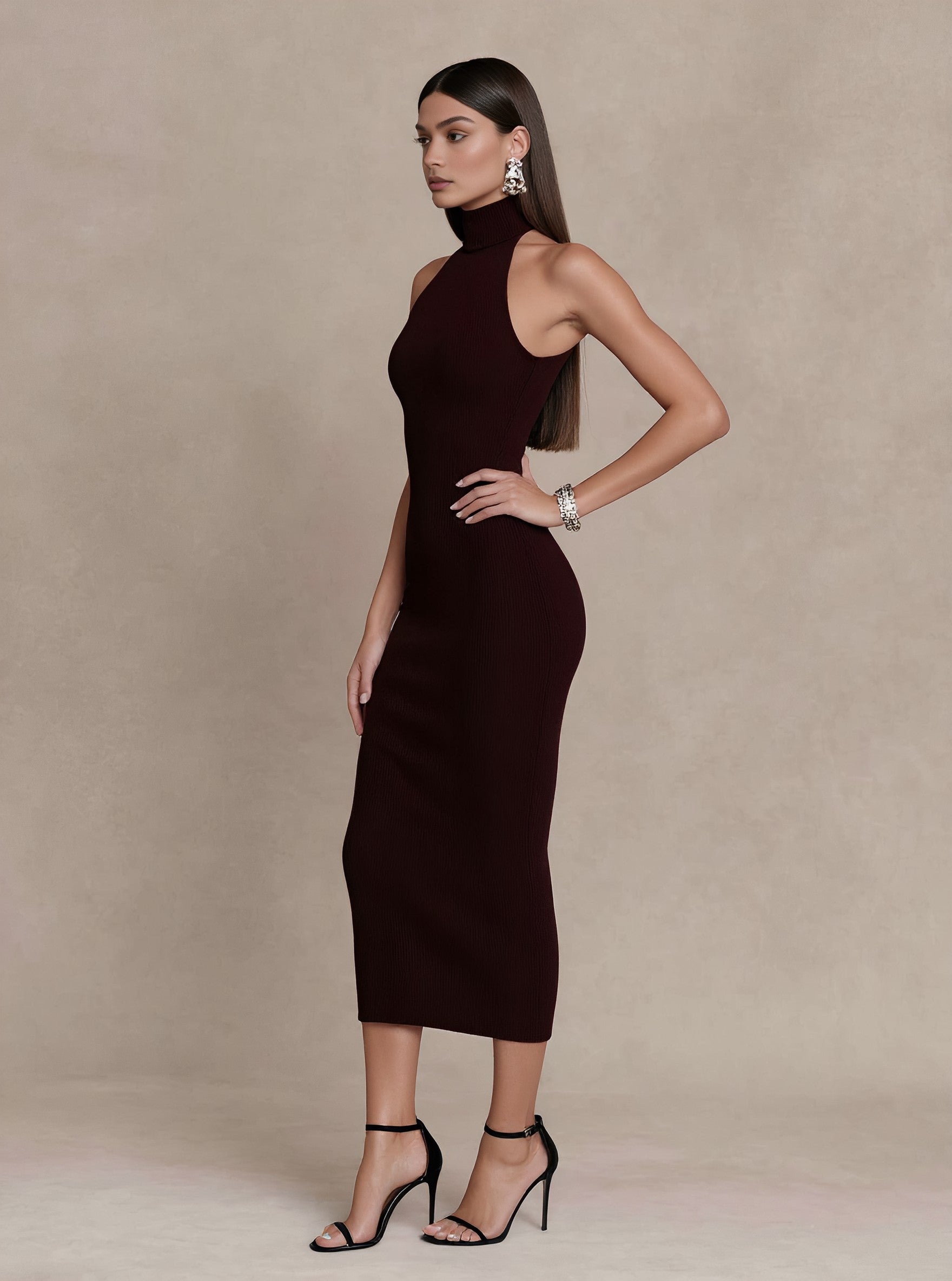 Casual Fitted High Collar Mid-Length Dress Autumn Sleeveless Pencil Skirt Style Women's Fashion Outerwear