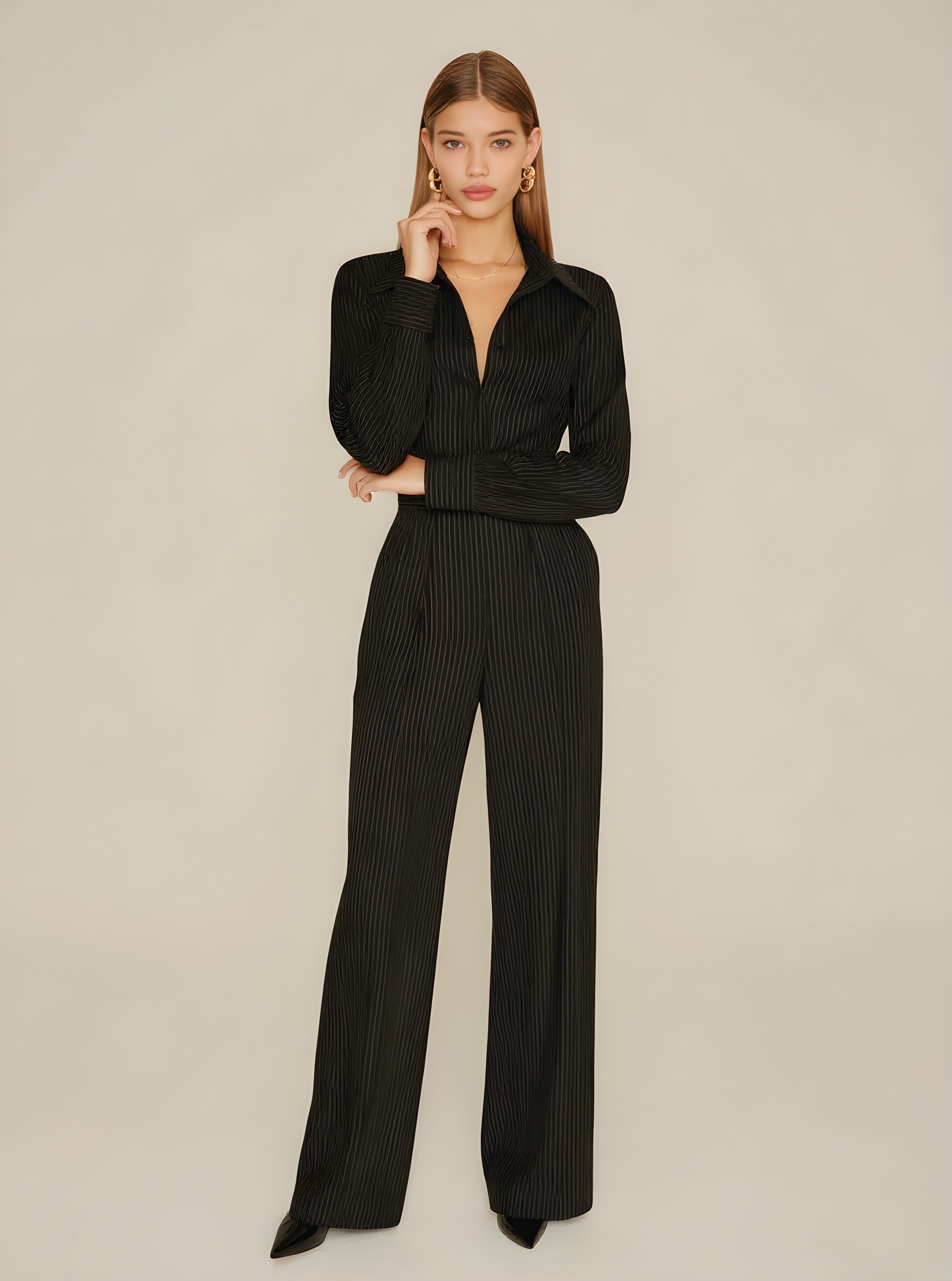 Women's Autumn Sets Fashion Basics Stripes Long Sleeve Lapel Top Natural Waist Full Length Straight Pants Sets