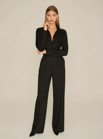 Women's Autumn Sets Fashion Basics Stripes Long Sleeve Lapel Top Natural Waist Full Length Straight Pants Sets