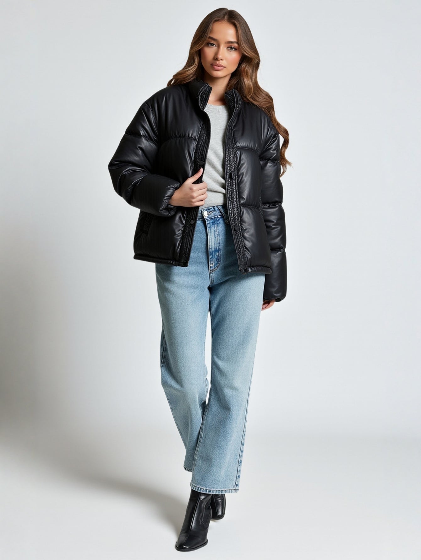 Winter Women's Warm Chic Coat European American Style Solid Color Casual Loose Collar Long Sleeve High Neck Coat