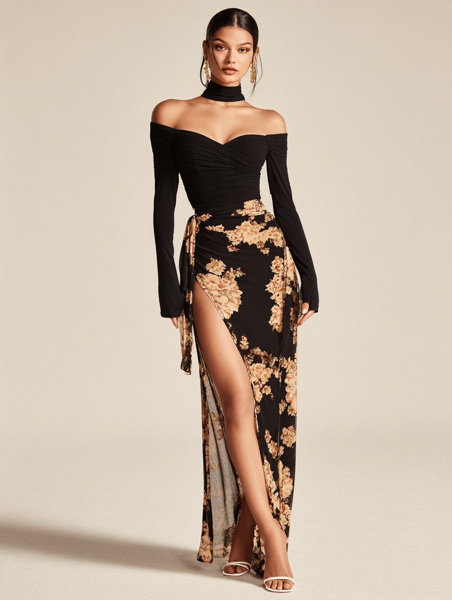 Autumn Dresses 2025 Women's Elegant Graphic Printing Long Sleeve Halter Neck High-Slit Party Midi Dresses