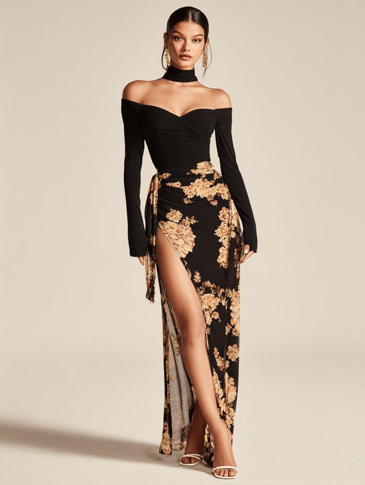 Autumn Dresses 2025 Women's Elegant Graphic Printing Long Sleeve Halter Neck High-Slit Party Midi Dresses