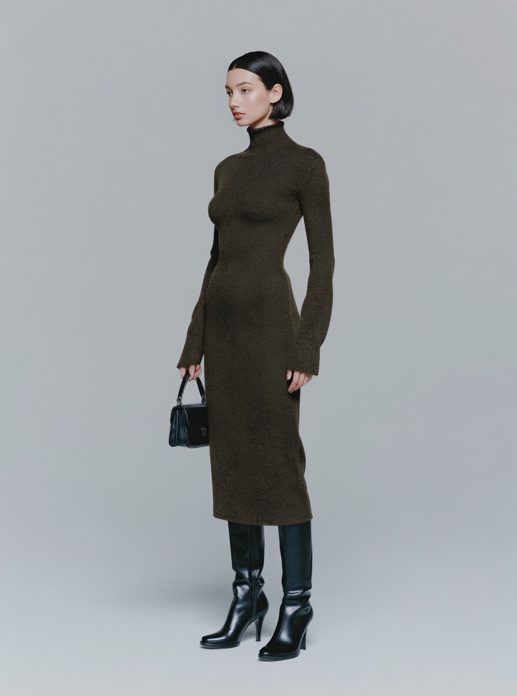 Winter Tight Fit Dress Casual High Collar Mid-Length Skirt Straight Sleeve Women's Clothing Fashion Style