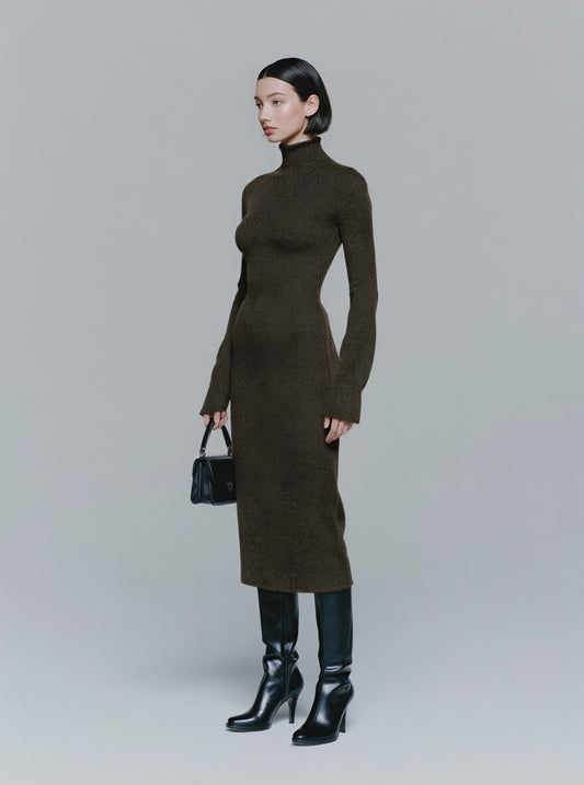 Winter Tight Fit Dress Casual High Collar Mid-Length Skirt Straight Sleeve Women's Clothing Fashion Style