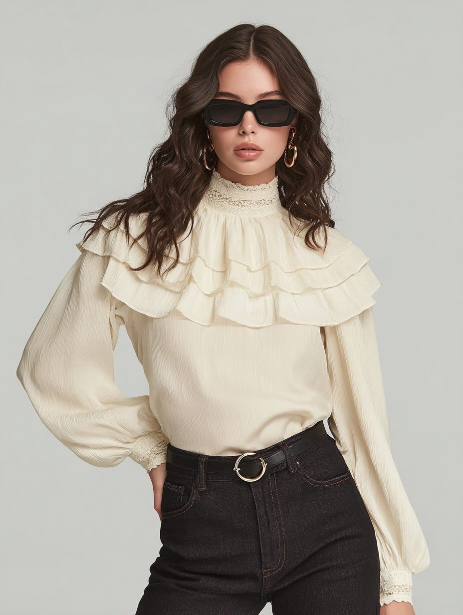 Autumn Blouses 2025 Women's Decent Plain Layered Lace Long Sleeve High Neck Daily Basic Blouses
