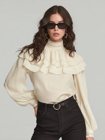 Autumn Blouses 2025 Women's Decent Plain Layered Lace Long Sleeve High Neck Daily Basic Blouses