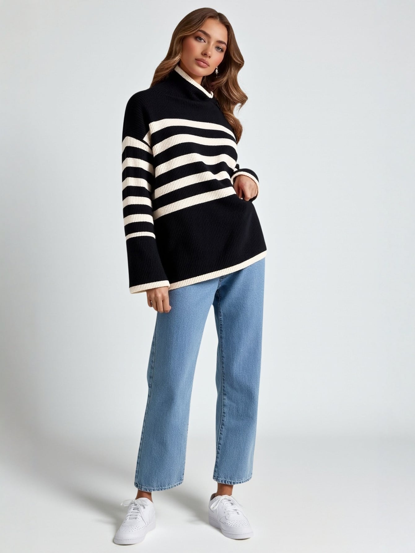 European American Fashion Contrast Striped Turtleneck Pullover Long Sleeve Knitted Sweater Women Winter New