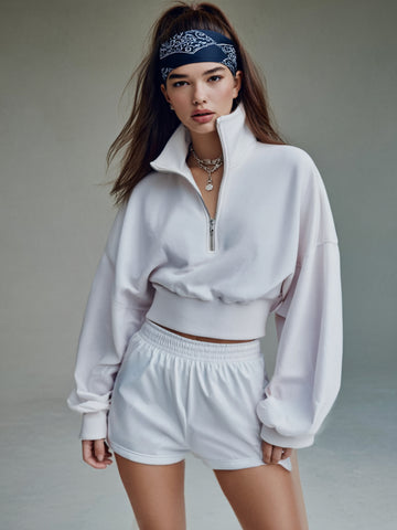 Women's Sweatshirts Autumn Winter Streetwear Chic Plain Zipper Long Sleeve Stand Collar Casual Pullover