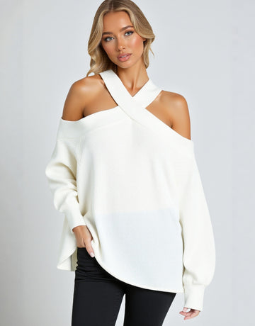 Women's Off-the-Shoulder Loose Sweater Pullover Autumn Winter New European American Style Sexy Clothing