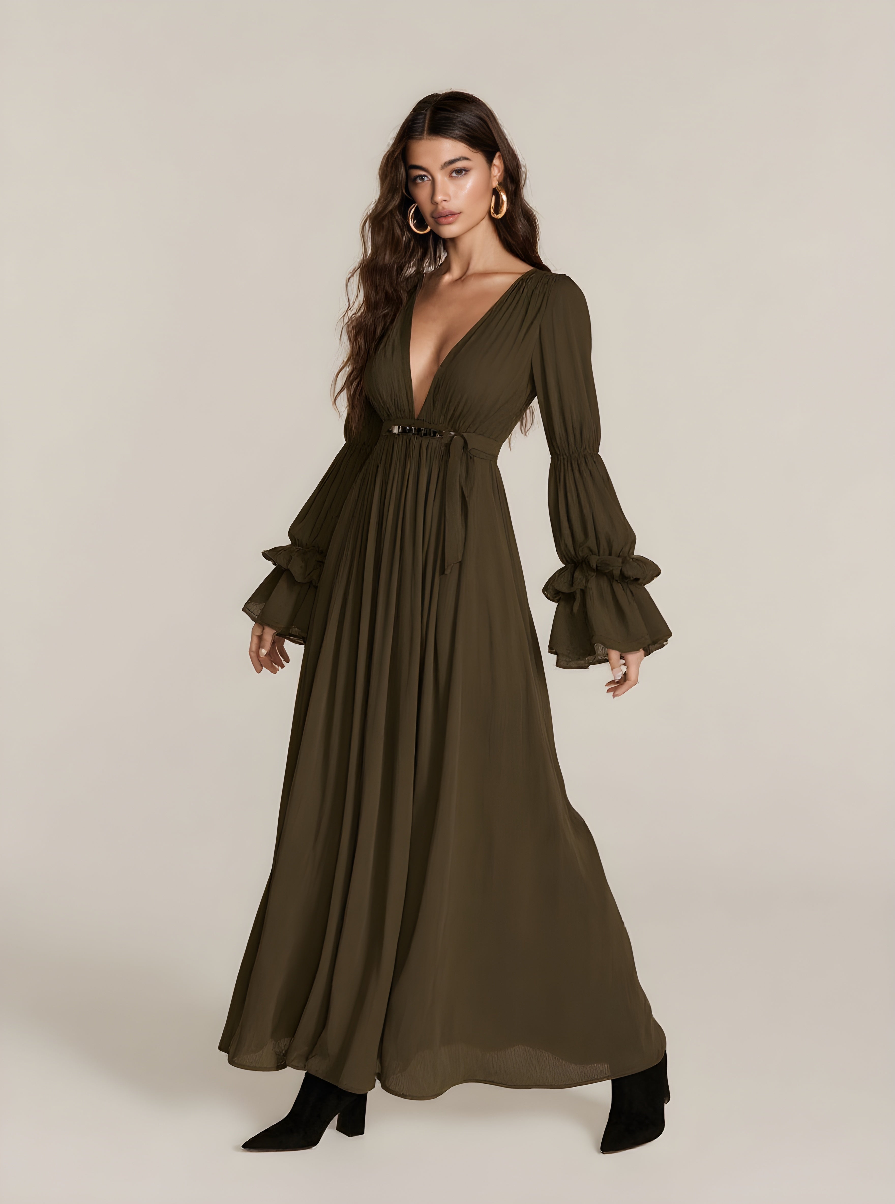 Autumn Dresses 2025 Women's Sexy Plain Long Flare Sleeve V-Neck Flounce Party Draped Midi A-Line Dresses
