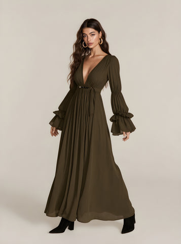 Autumn Dresses 2025 Women's Sexy Plain Long Flare Sleeve V-Neck Flounce Party Draped Midi A-Line Dresses