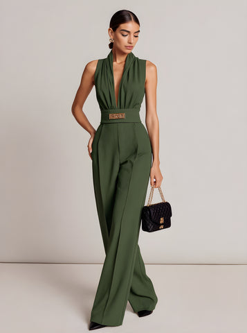 Women's Autumn Jumpsuits Decent Daily Solid Color Folds Sleeveless Plunge Neck Full Length Straight Jumpsuits