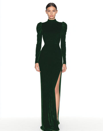 Casual Mid-Length A-Line Dress High Collar Bubble Sleeves Body-Fitting Autumn Fashion Women's Clothing Dress