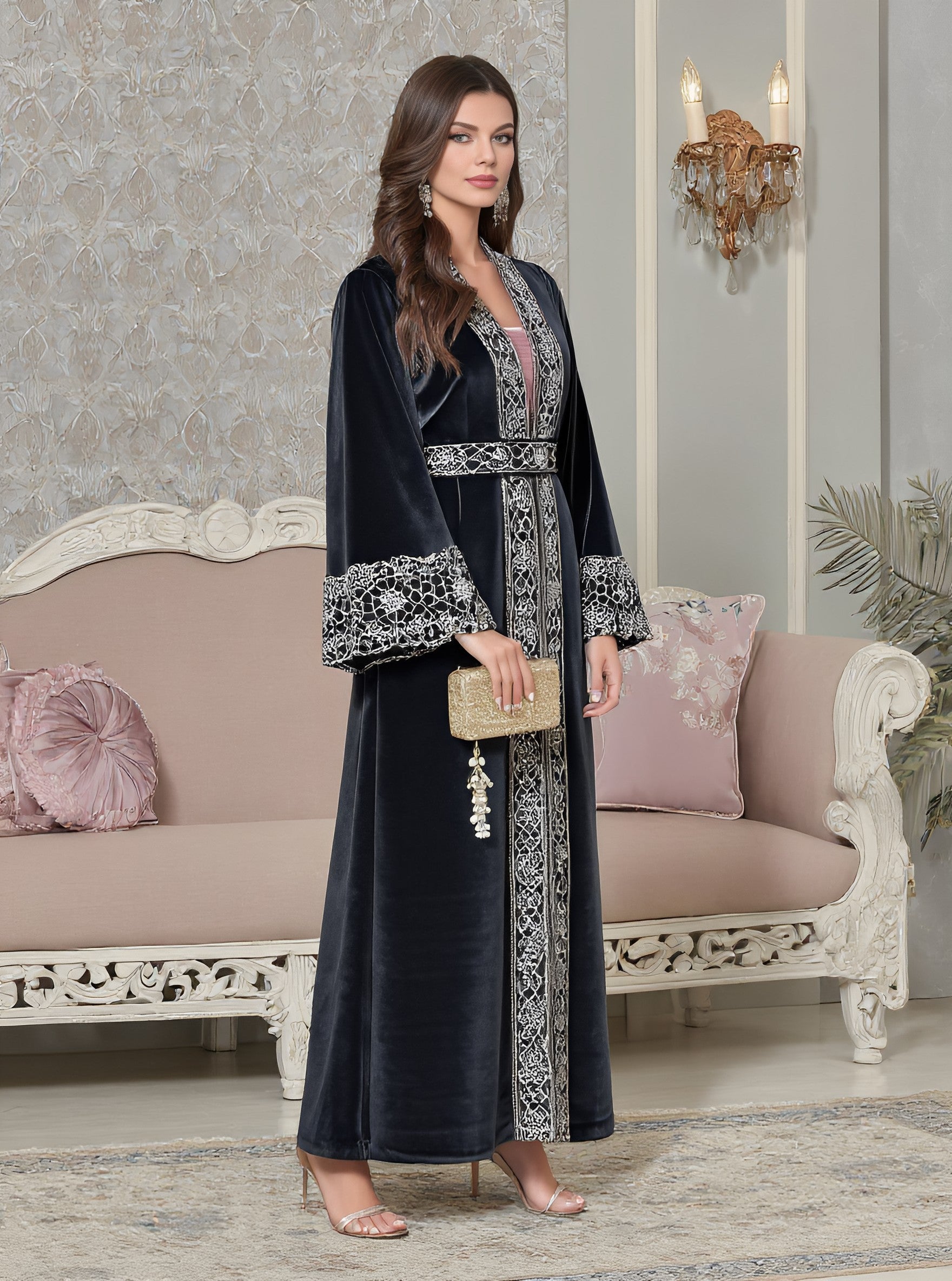 Autumn Jalabiyas A-Line Midi Dress V-Neck Bell Sleeve Casual Fit Muslim Fashion Arabic Robe Women's Clothing