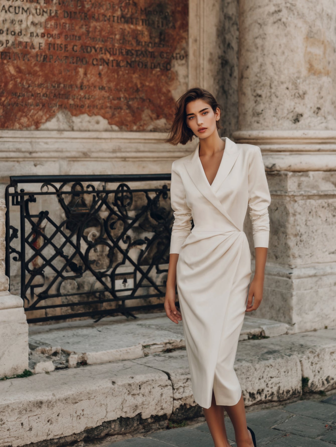 Women's Dress Autumn Elegant 2025 Plain Lapel V-Neck Long Sleeve Wrap Tie Waist Slim Fit Midi Business Dress