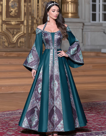 Autumn Long Dress Casual Style A-Line Body-Fitting Off-Shoulder Bell-Sleeve Muslim Fashion Women's Dress