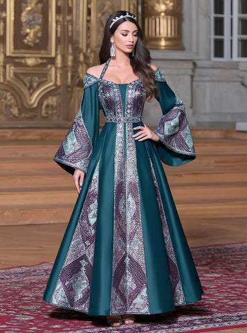 Autumn Long Dress Casual Style A-Line Body-Fitting Off-Shoulder Bell-Sleeve Muslim Fashion Women's Dress