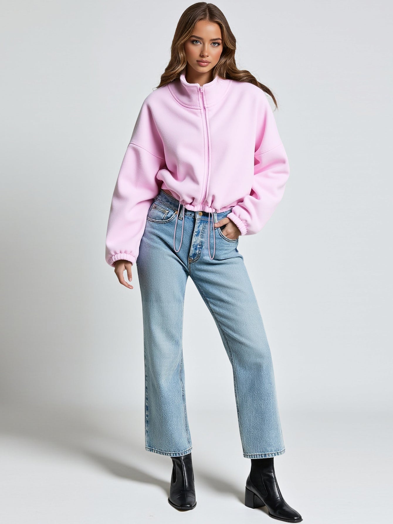 Women's Pullover Autumn Winter Simple Fashion Plain Drawstring Zipper Open Front Long Sleeve Stand Collar Casual Pullover