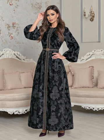 Autumn Jalabiyas Women's Casual Long Dress Round Neck Sleeve Style A-Line Skirt Arab Robe Fashion Middle East Clothing