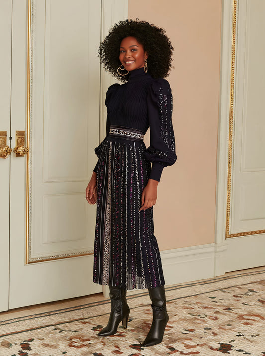 Casual Round Neck Lantern Sleeve Dress Autumn Fit A-Line Midi Skirt Style Women's Fashion Clothing