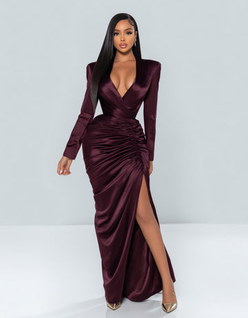 Women's 2025 Autumn Fashion Dresses Long Sleeve V-Neck Side Slit Plain Party Skinny Fit Dresses