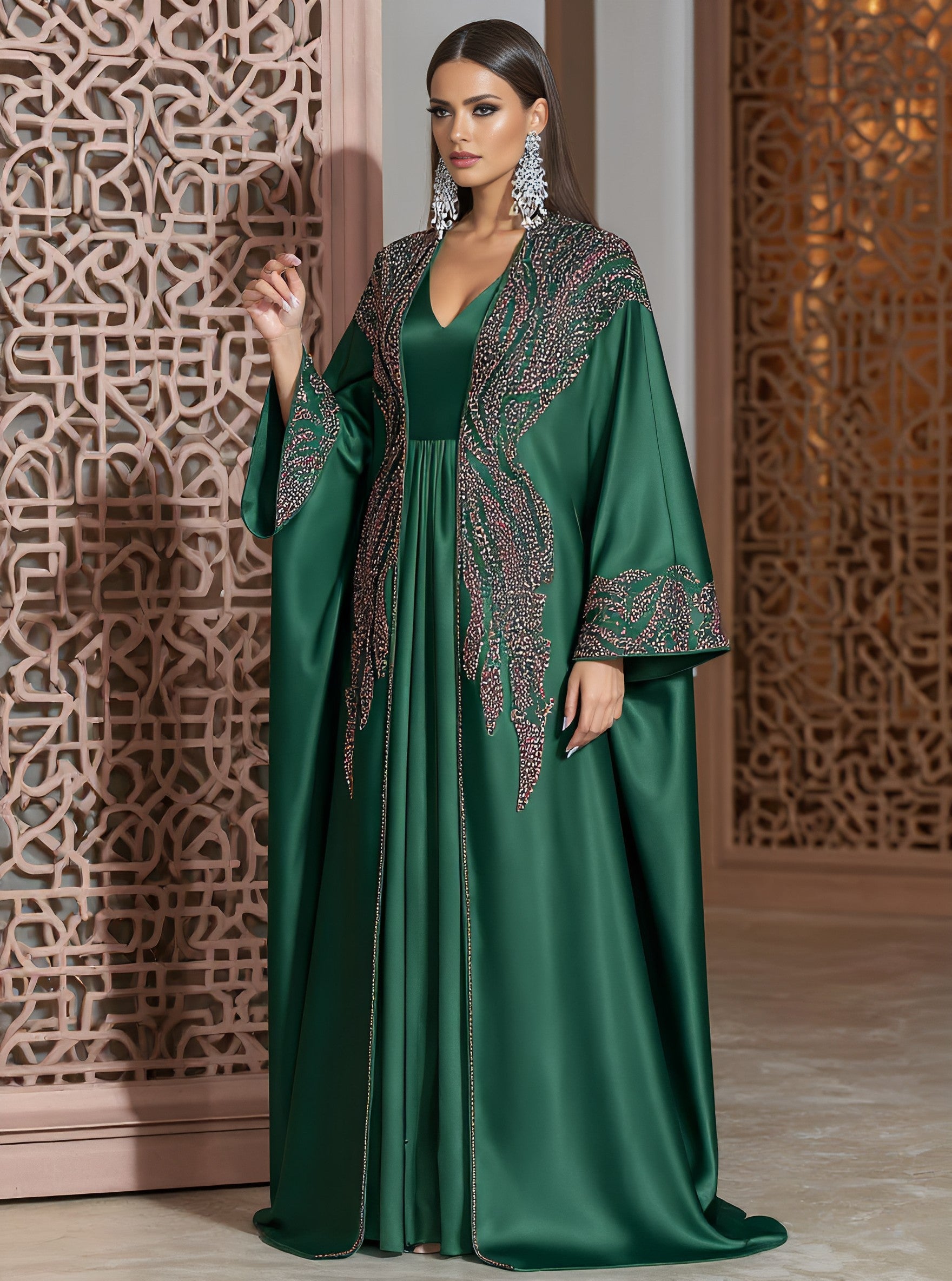 Autumn Abayas Casual Style V-neck Floor-length A-line Skirt Bell Sleeve Body-fitting Muslim Fashion Arabic Robe