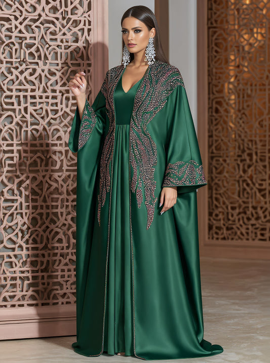 Autumn Abayas Casual Style V-neck Floor-length A-line Skirt Bell Sleeve Body-fitting Muslim Fashion Arabic Robe