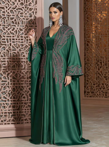 Autumn Abayas Casual Style V-neck Floor-length A-line Skirt Bell Sleeve Body-fitting Muslim Fashion Arabic Robe