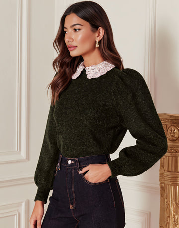 Casual Loose Long Sleeve Sweater Fake Two-Piece Collar Bubble Sleeve Style Regular Length Women's Top Fashion Autumn Wear