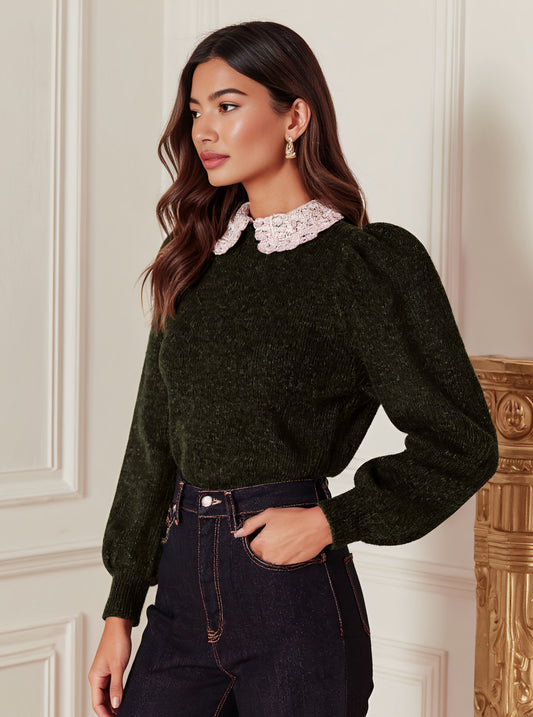 Casual Loose Long Sleeve Sweater Fake Two-Piece Collar Bubble Sleeve Style Regular Length Women's Top Fashion Autumn Wear