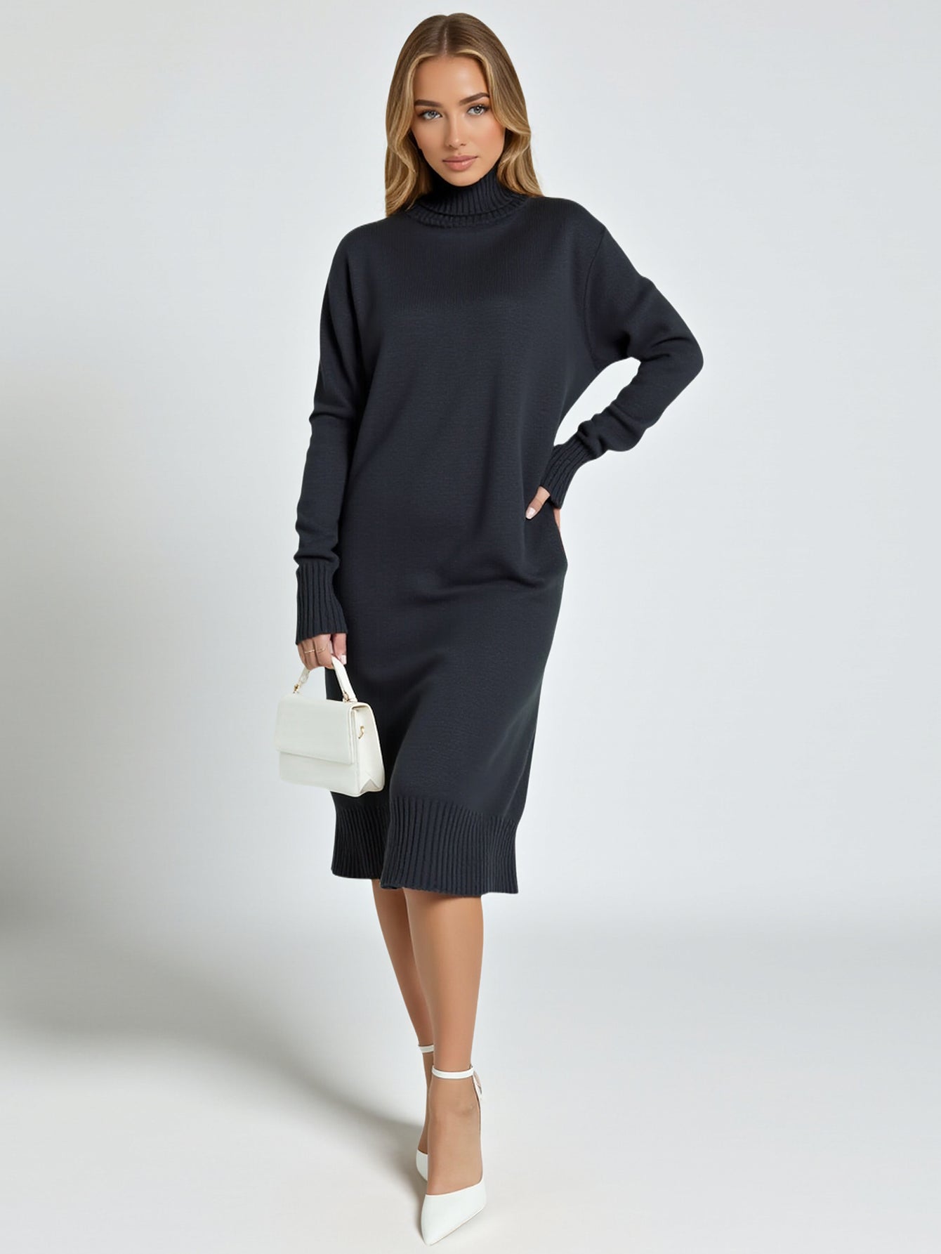 Women's Dresses Autumn Winter Simple Casual Comfortable Plain Rib Knit Long Sleeve Turtleneck Below Knee Daily Shift Dresses