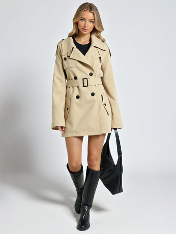 Women's Khaki Long Windbreaker Coat Double-Breasted Lapel Slimming Elegant Autumn Outerwear