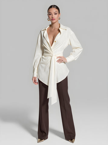 Autumn Shirts 2025 Women's Chic Plain Long Cuff Sleeve Shirt Collar Lace-Up Nipped Waists Basics Shirts